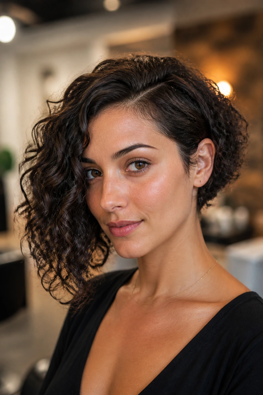 Portrait of a woman with an asymmetrical bob hairstyle