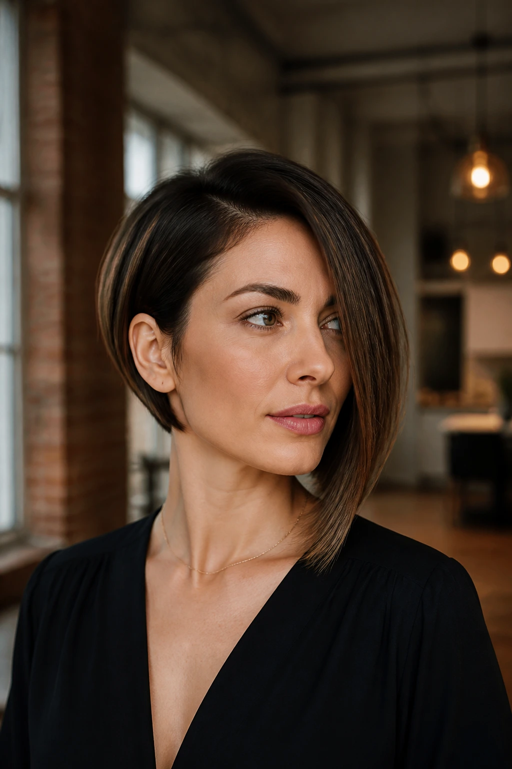 Portrait of a real woman with an asymmetrical bob and a bold diagonal line