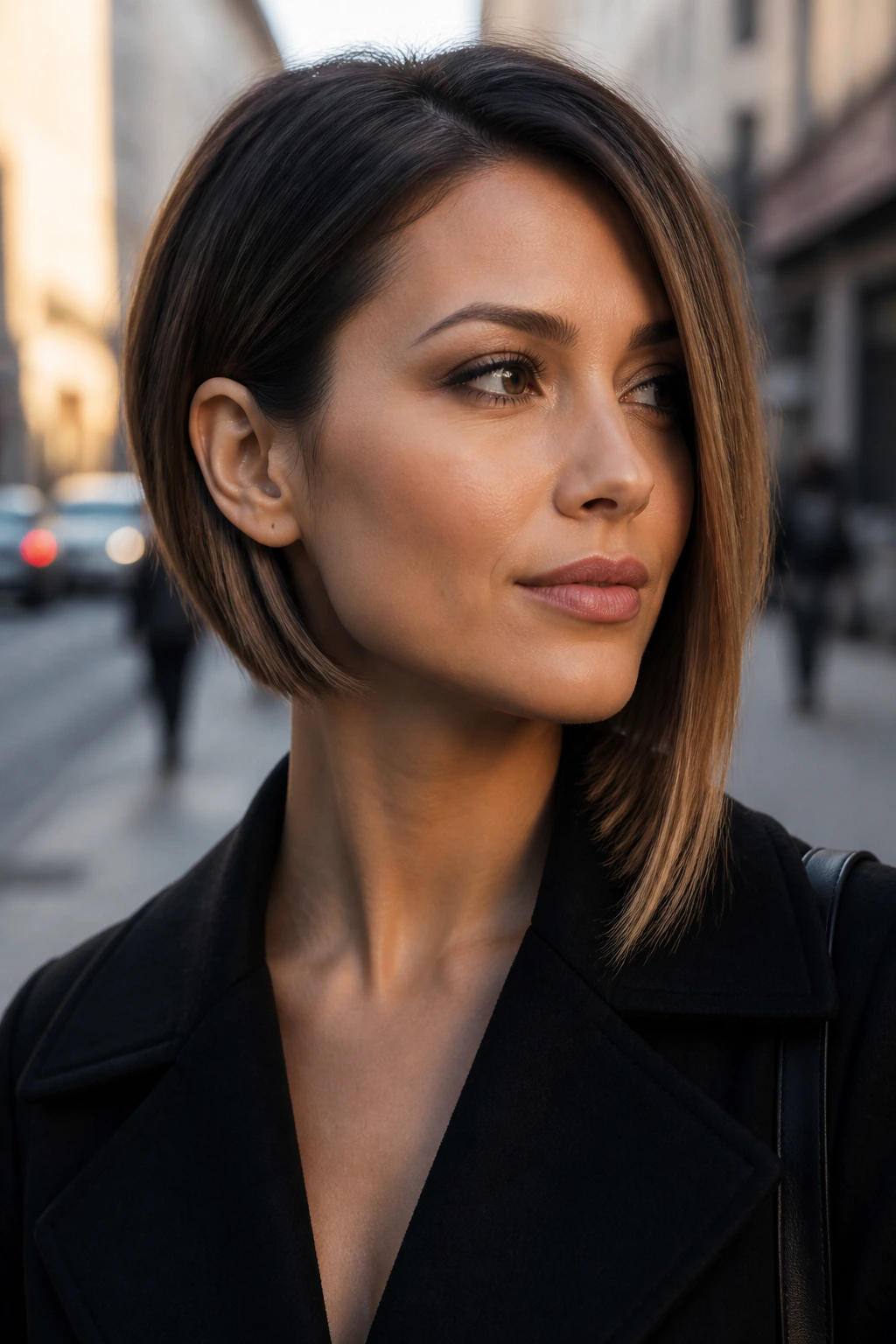 Close-up of a real woman with an asymmetrical bob showing diagonal length
