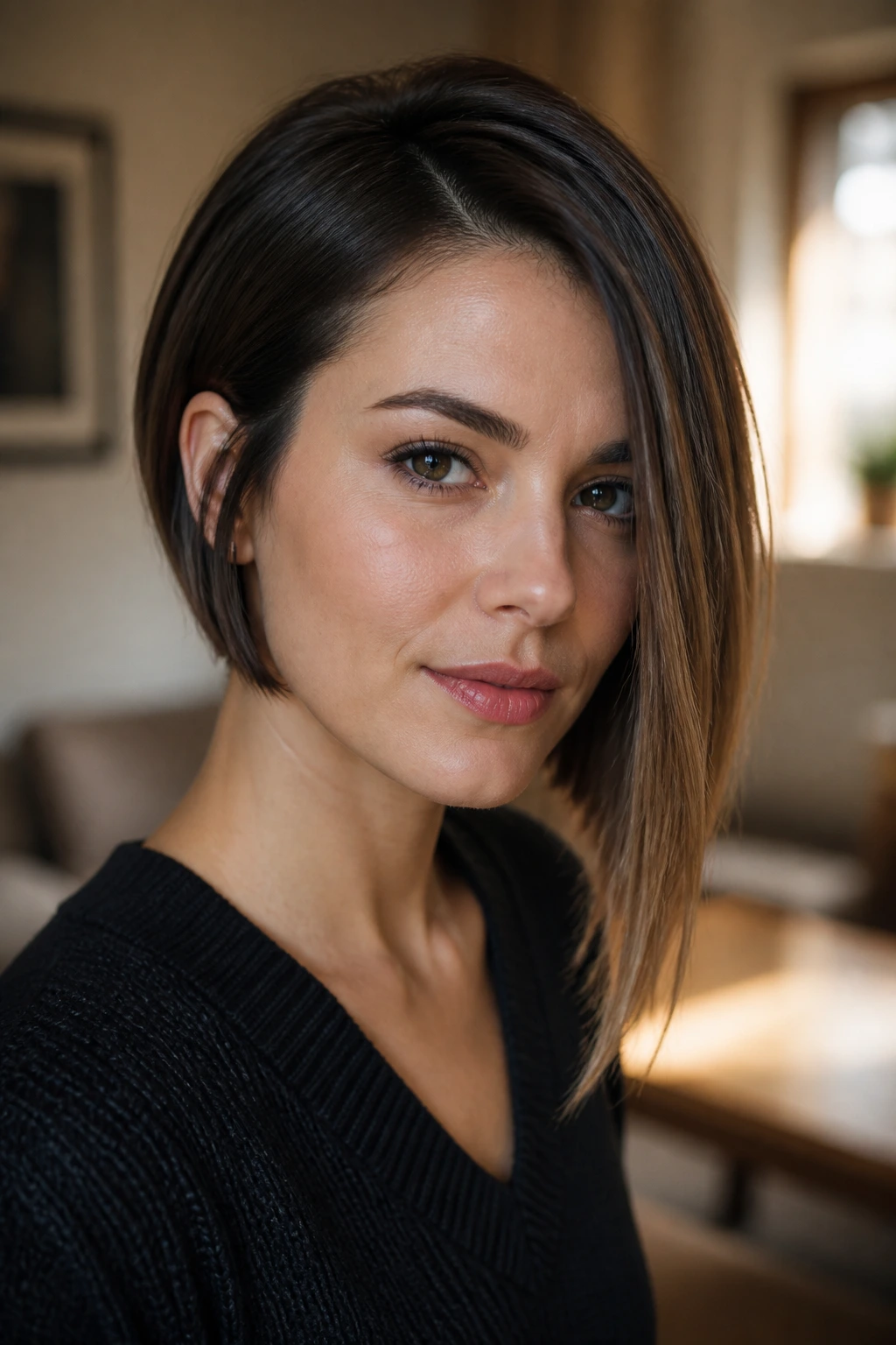 Close-up of a real woman with an asymmetrical bob showing longer and shorter sides under natural window light