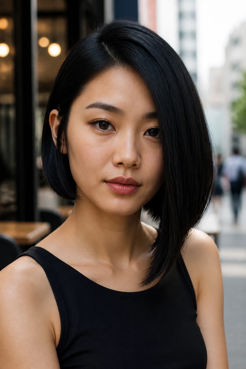 Close-up portrait of a real person with an asymmetrical bob on jet-black straight hair