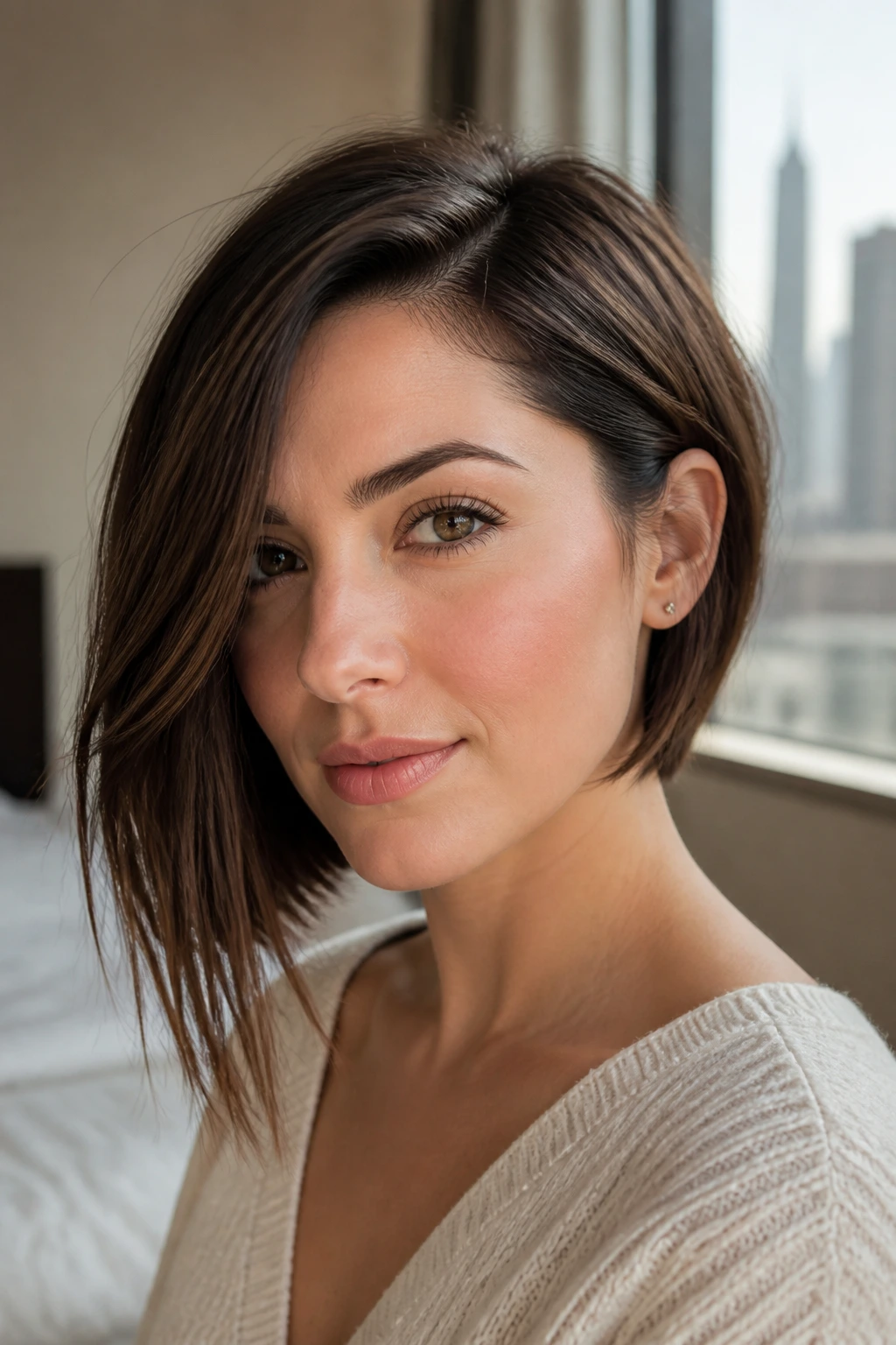 Close-up portrait of a woman with an asymmetrical bob in soft window light