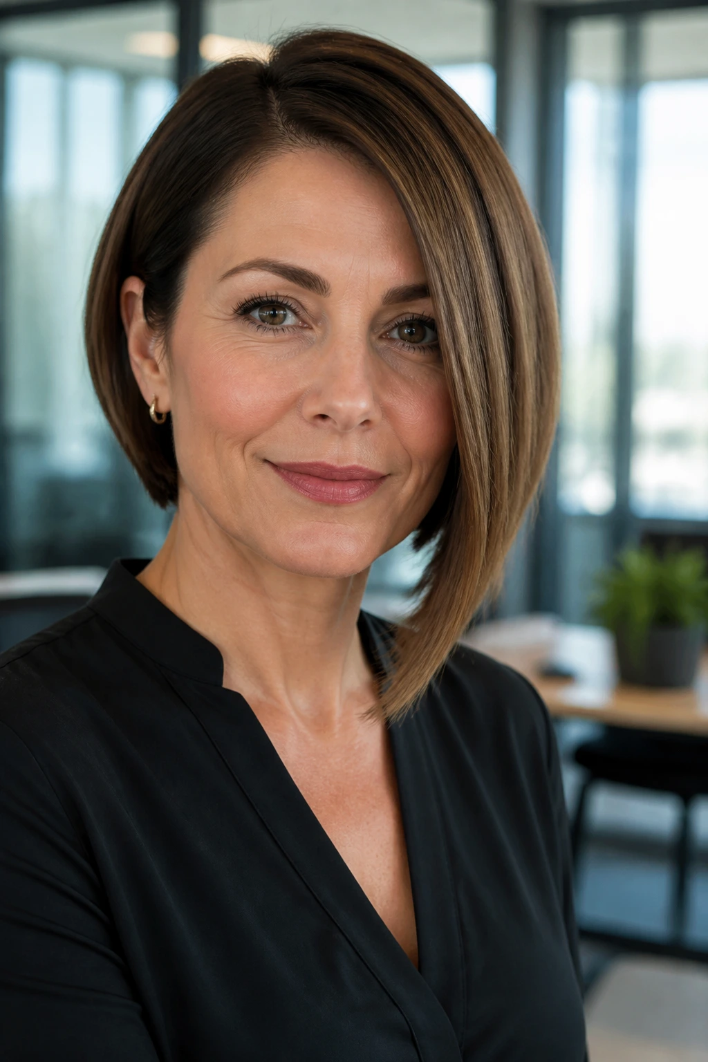Close-up of a woman with an asymmetrical bob in a professional office setting