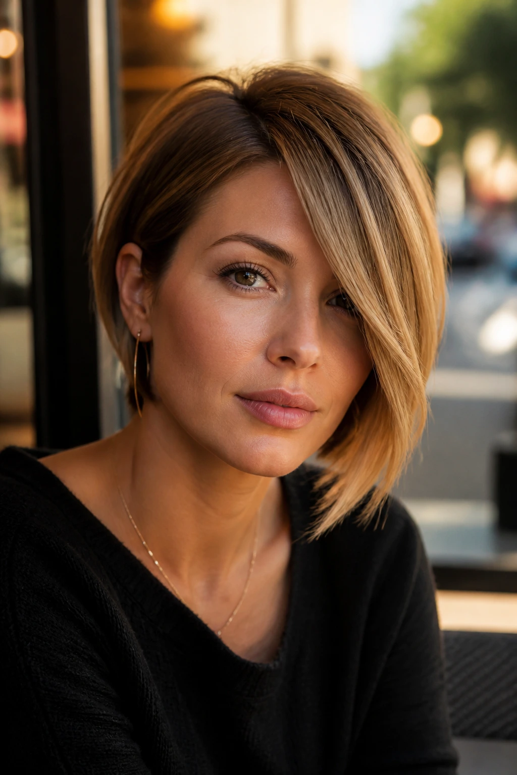 Close-up of a woman with a deep side-part asymmetrical bob, one side longer