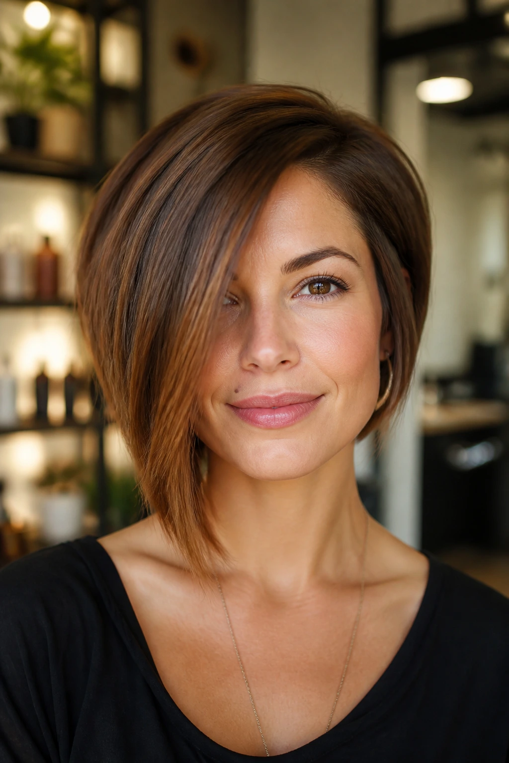Close-up portrait of a real person with an asymmetrical bob hairstyle