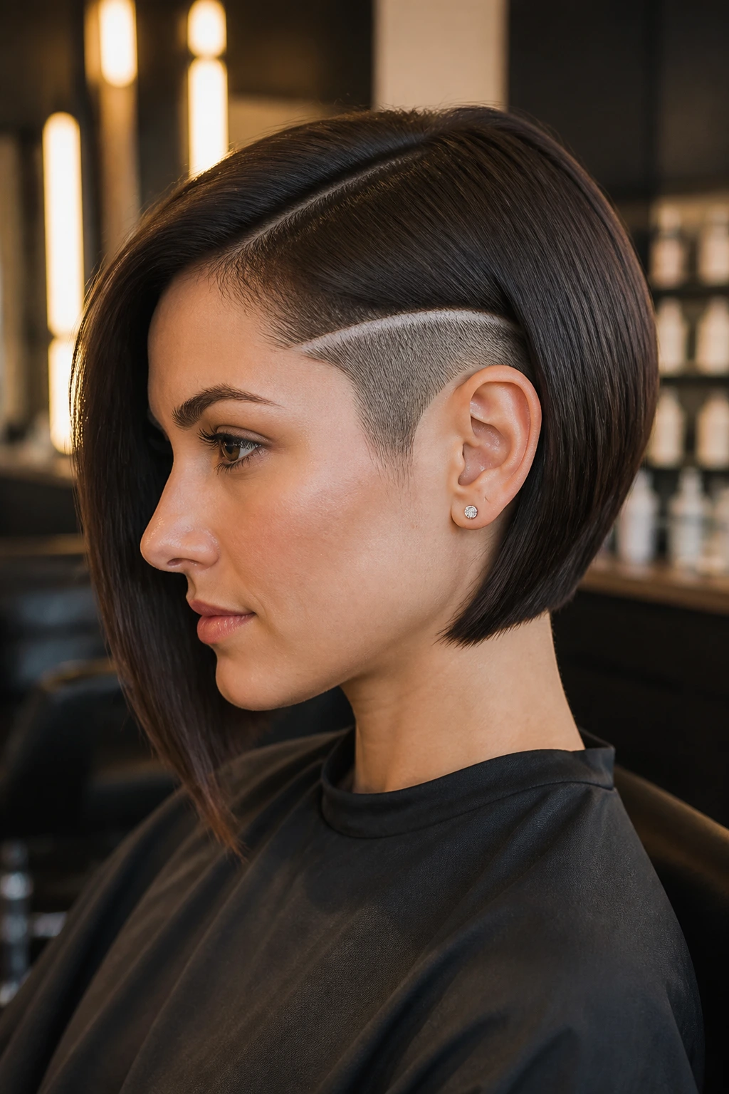 Close-up of a real woman with asymmetrical bob and shaved track in salon