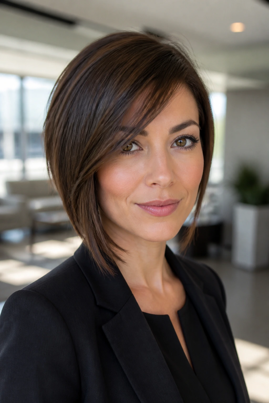 Portrait of a woman with an asymmetrical bob and long side bangs in an office