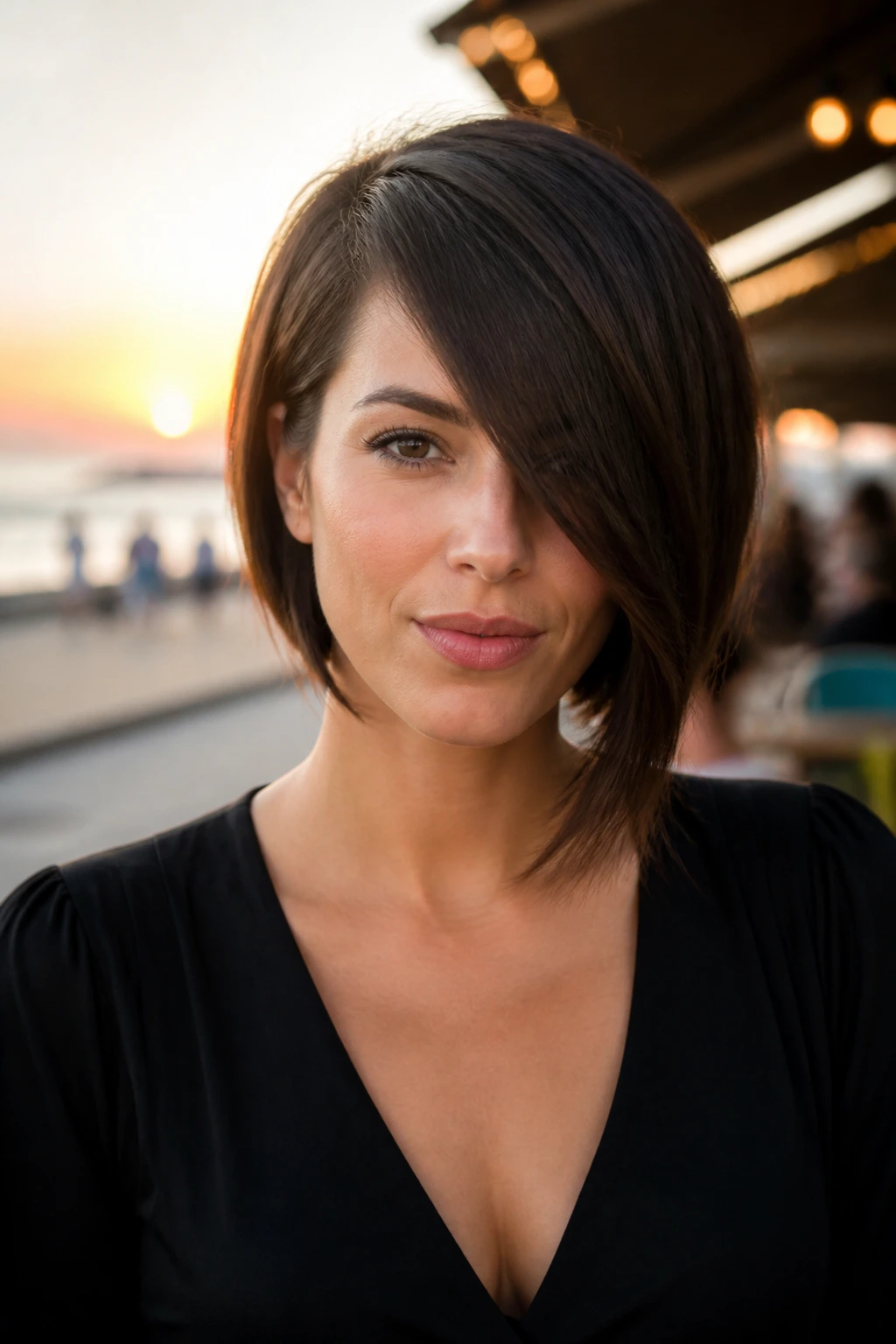 Real woman with asymmetrical bob and side fringe in warm street cafe setting