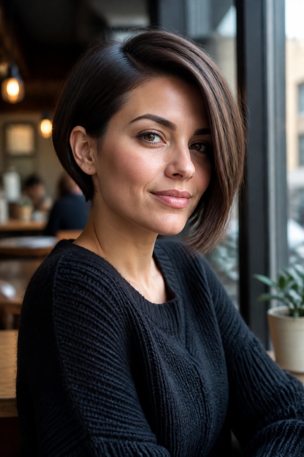 Close-up portrait of a person with an asymmetrical side-part bob.