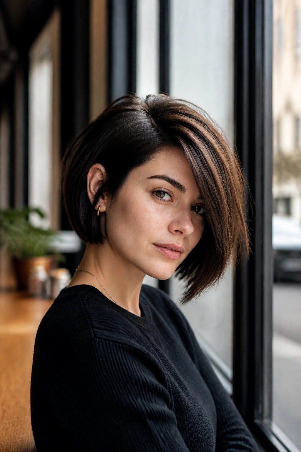 Portrait of a woman with an asymmetrical deep side-parted bob