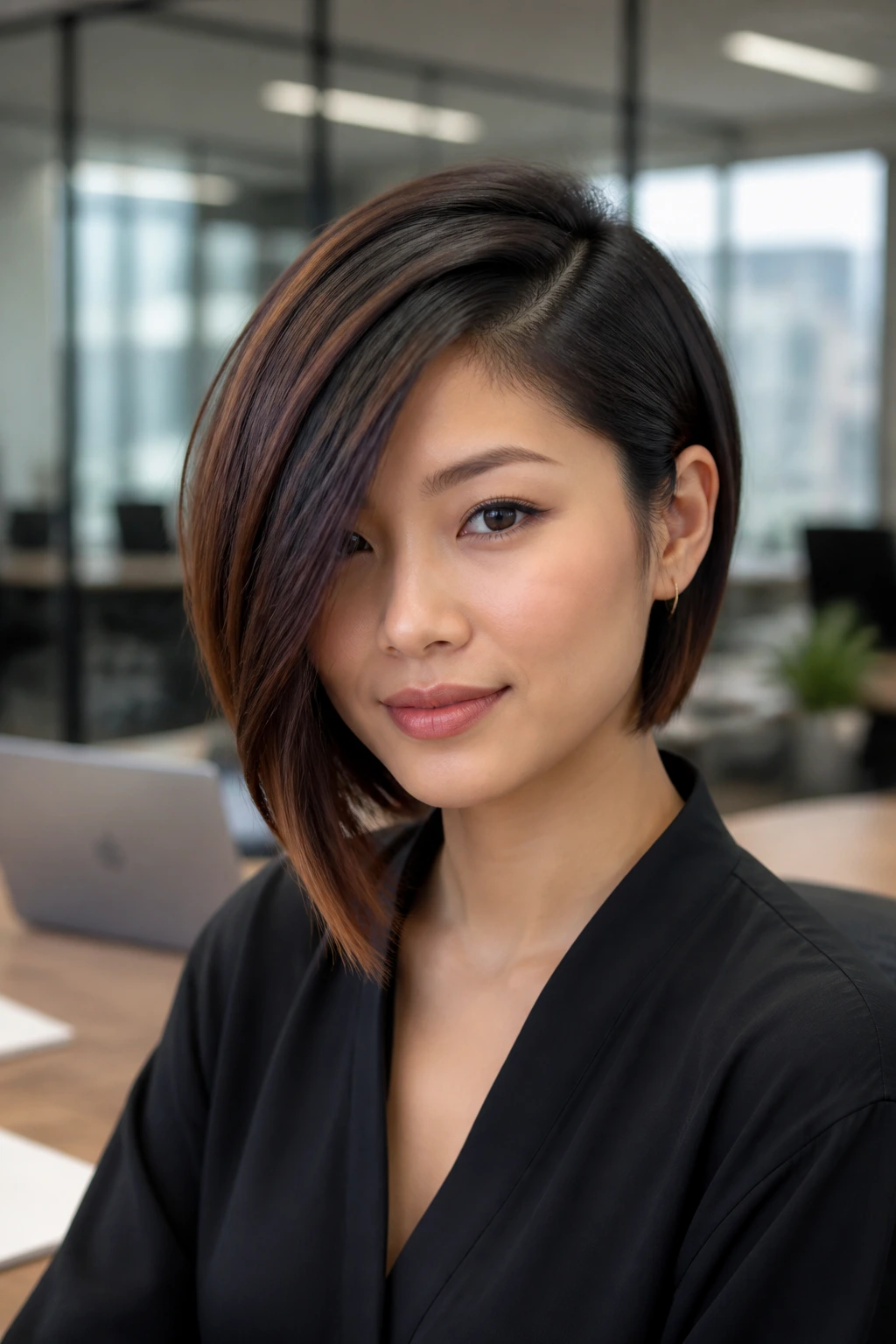 Real woman with side-swept asymmetrical bob in a contemporary workspace.