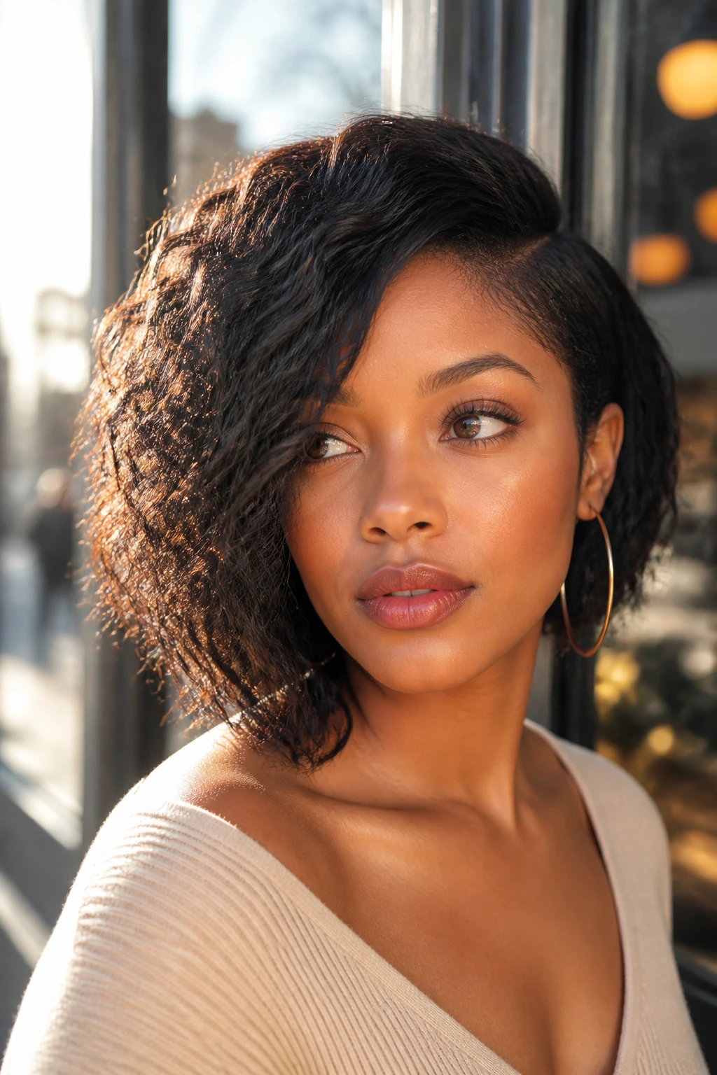 Close-up of a real woman with an asymmetrical shoulder bob.