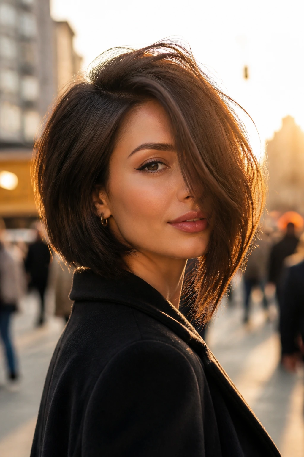Three-quarter view of a real woman with a side-swept asymmetrical bob.