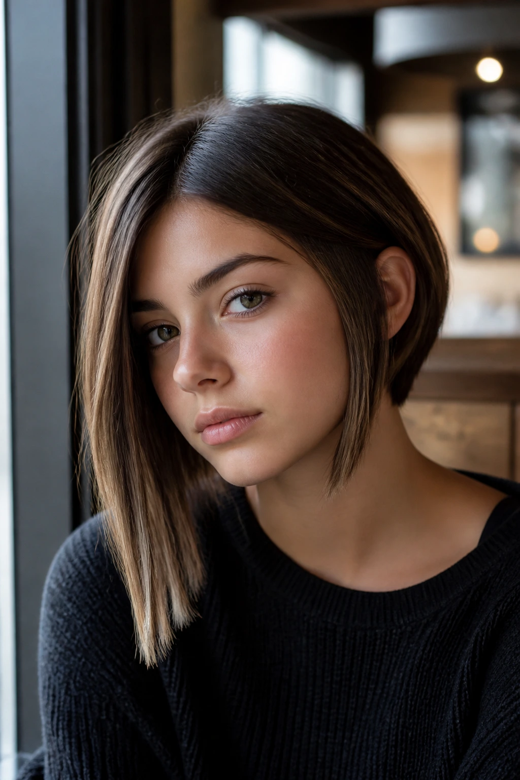 Teen girl with asymmetrical bob in cafe window light