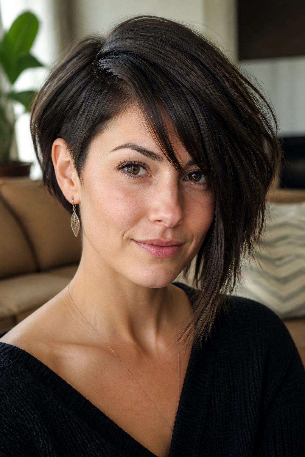 Close-up of a real woman with The Asymmetrical Choppy Bob featuring a face-framing longer side
