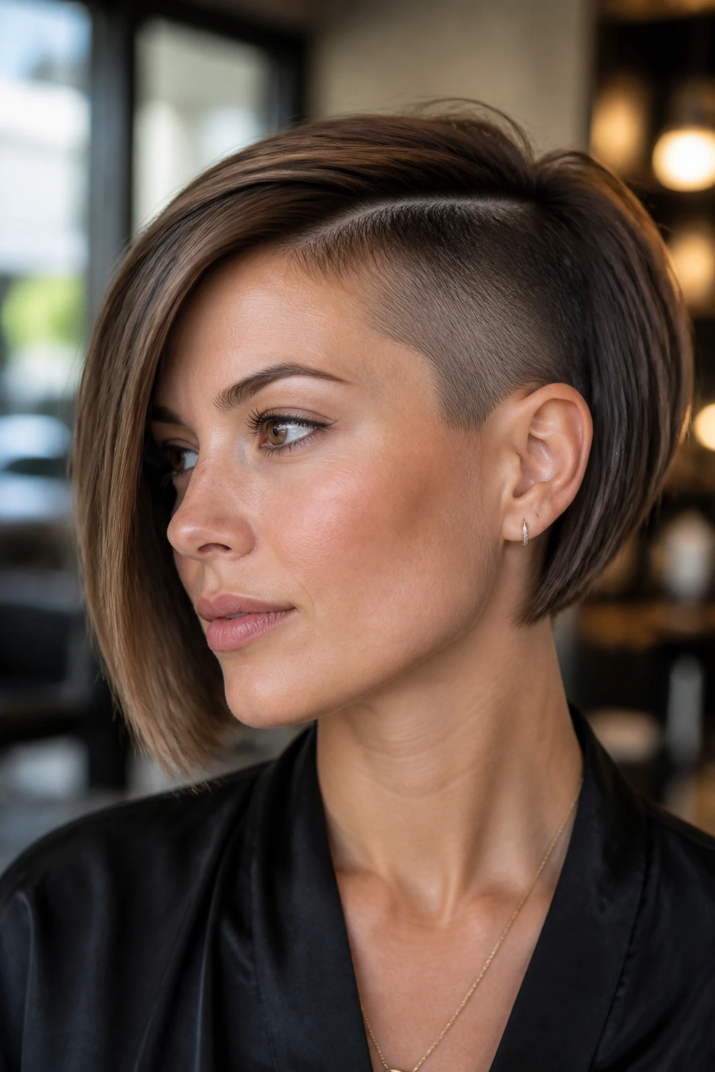 Portrait of a woman with an asymmetrical bob and hidden side undercut