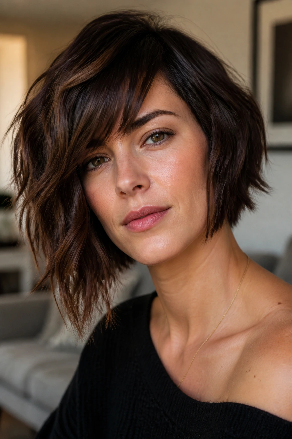 Close-up portrait of a real woman with an asymmetrical wavy bob under natural light
