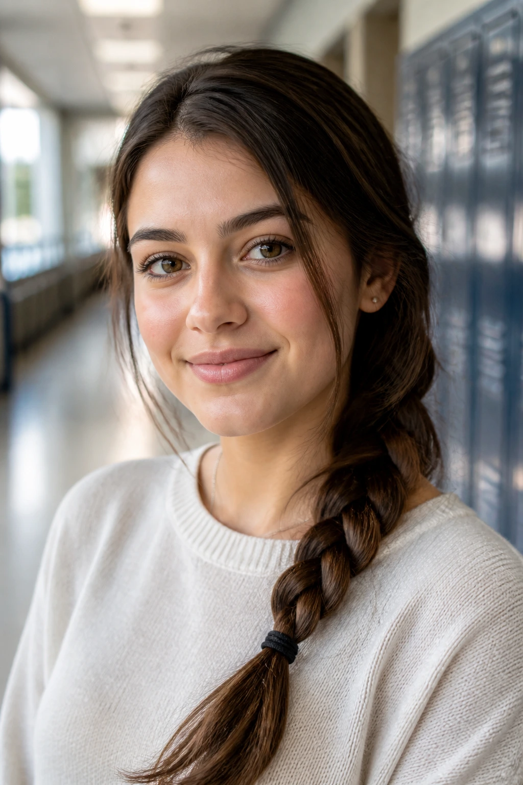 Close-up of a real woman with asymmetrical low side braid in a school hallway