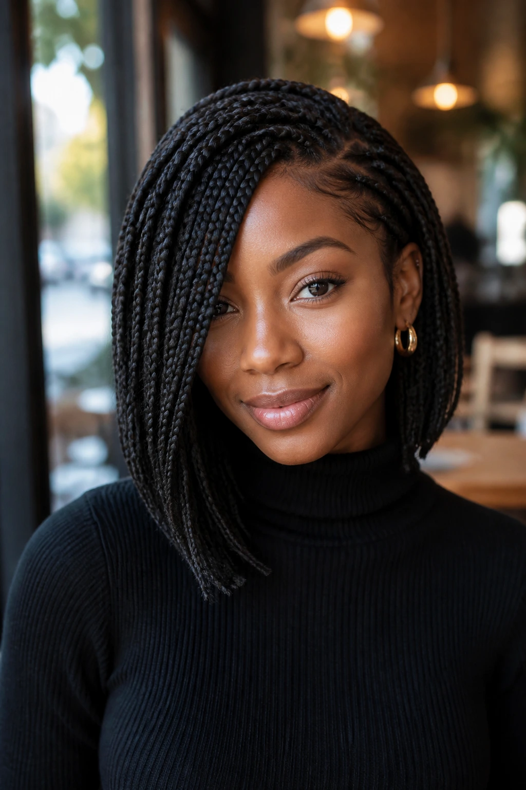 Close-up of a real person with an asymmetrical braided lob.