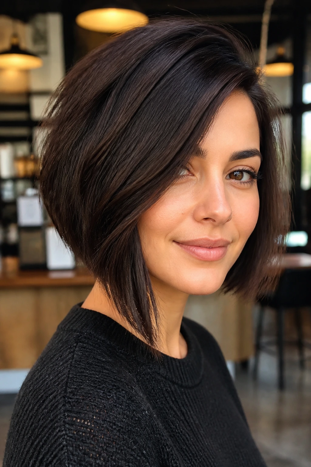 Real woman with asymmetrical brunette bob, longer on one side, espresso shade in a warm cafe setting