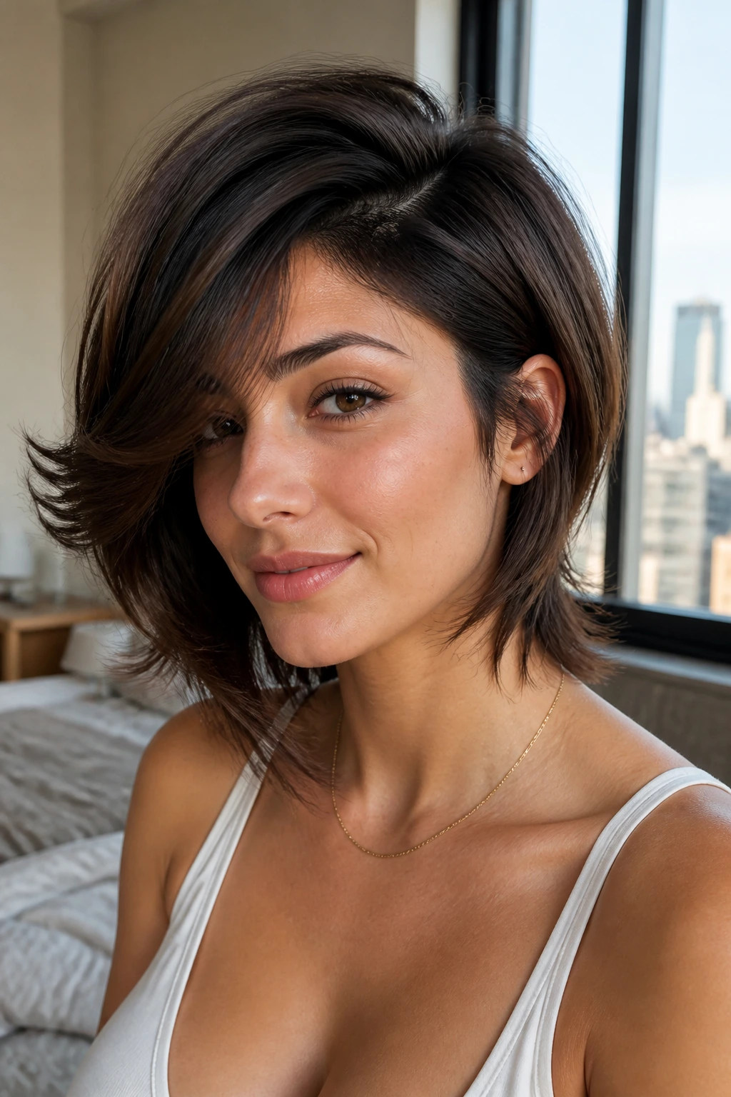 Close-up of a real woman with an asymmetrical butterfly cut highlighting jawline