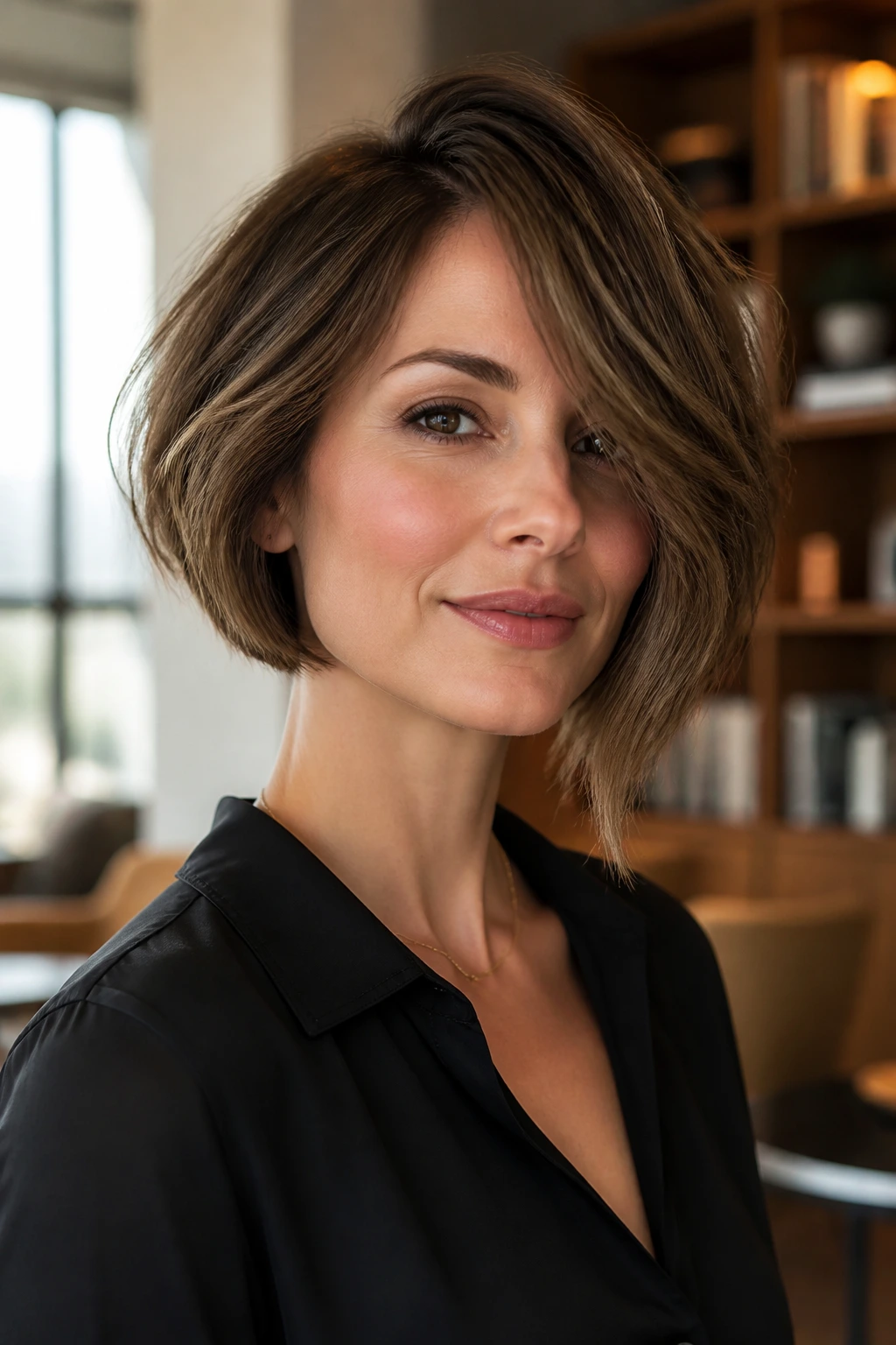 Close-up portrait of a real woman with an asymmetrical chin bob and curtain bangs in a warm office setting