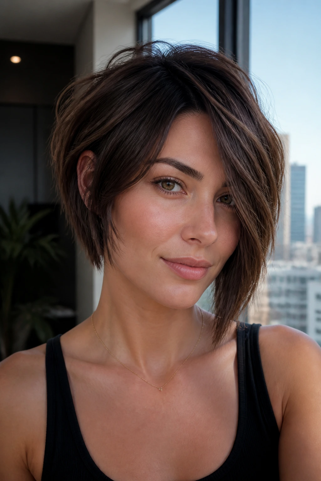Portrait of a real woman with an asymmetrical choppy bob showing subtle front-back length difference