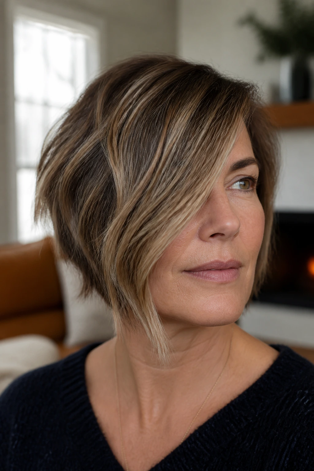 Portrait of a real woman with an asymmetrical choppy bob in a warm home setting.