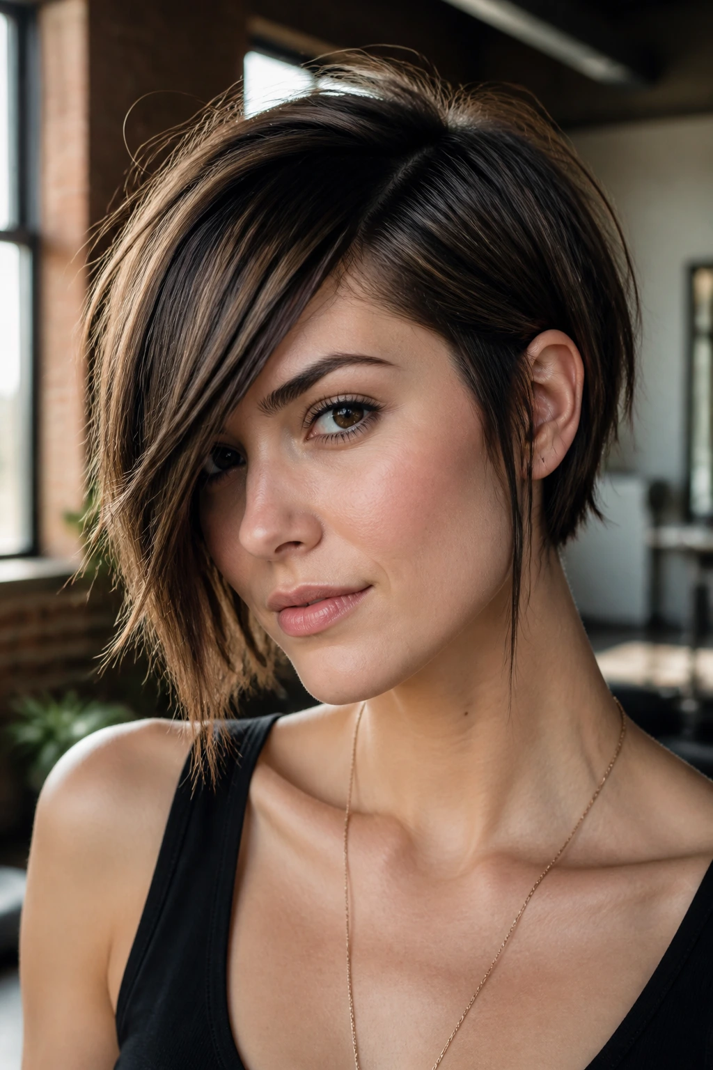 Close-up portrait of a real woman with an asymmetrical choppy cut against an urban loft background