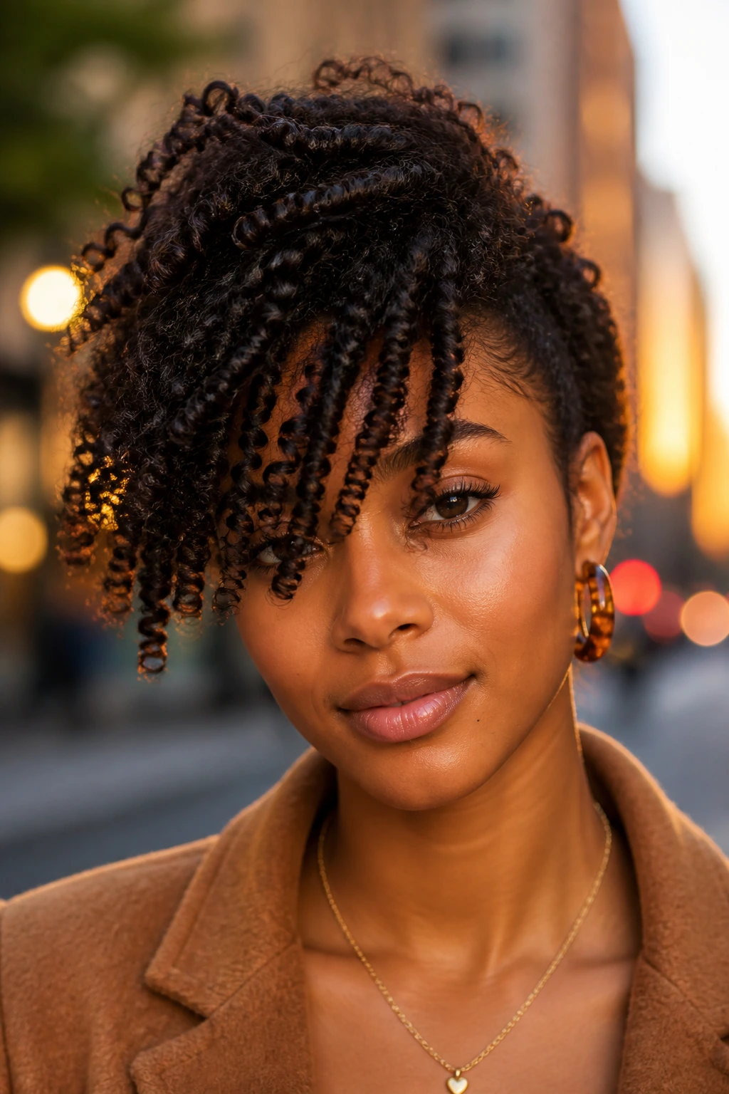 Close-up portrait of a real person with asymmetrical coil ringlets across the forehead