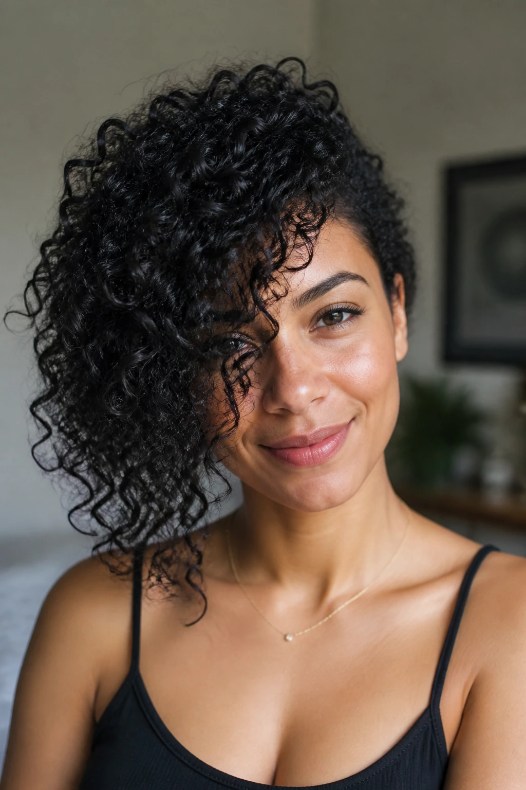 Portrait of a woman with asymmetrical side-swept curly coils