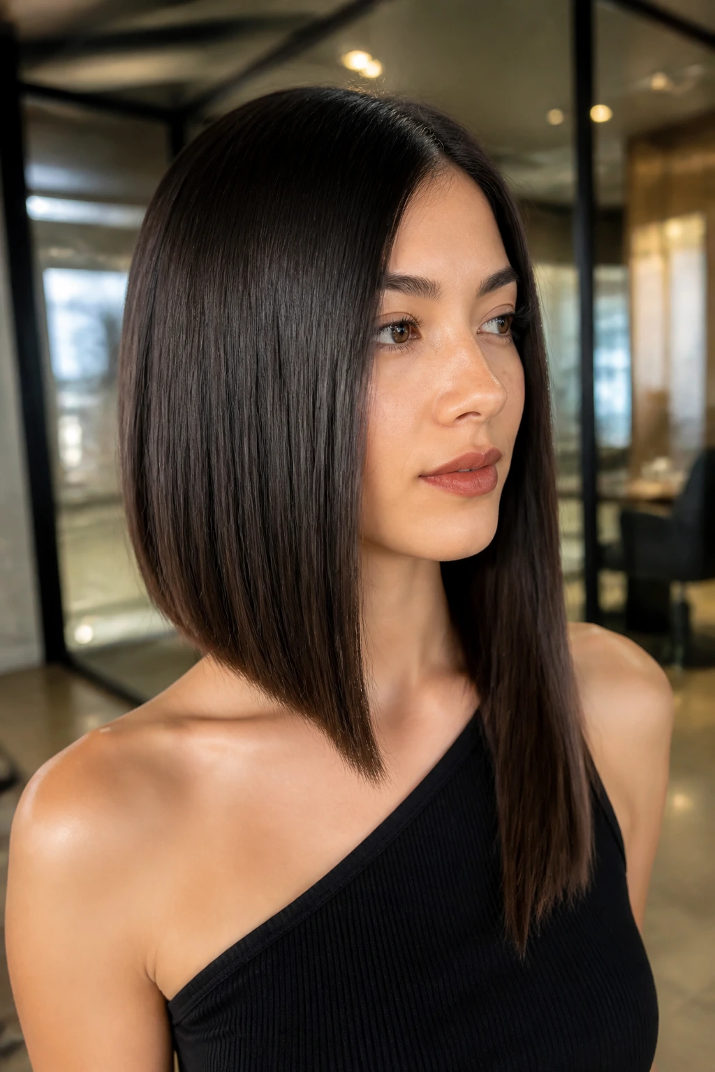 Close-up of real person with asymmetrical collarbone cut and diagonal hairline