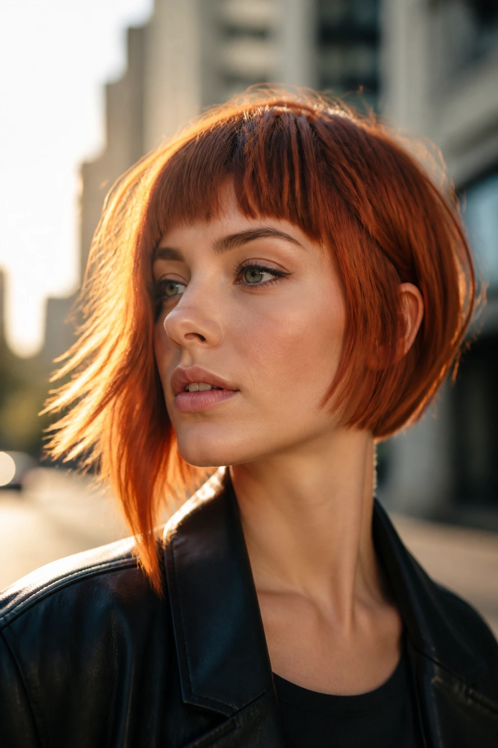 Real woman with asymmetrical copper bob and choppy bangs on city street