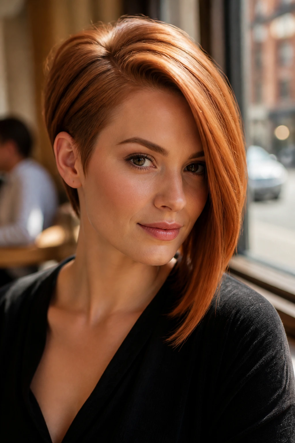 Close-up portrait of a real person with an asymmetrical copper bob