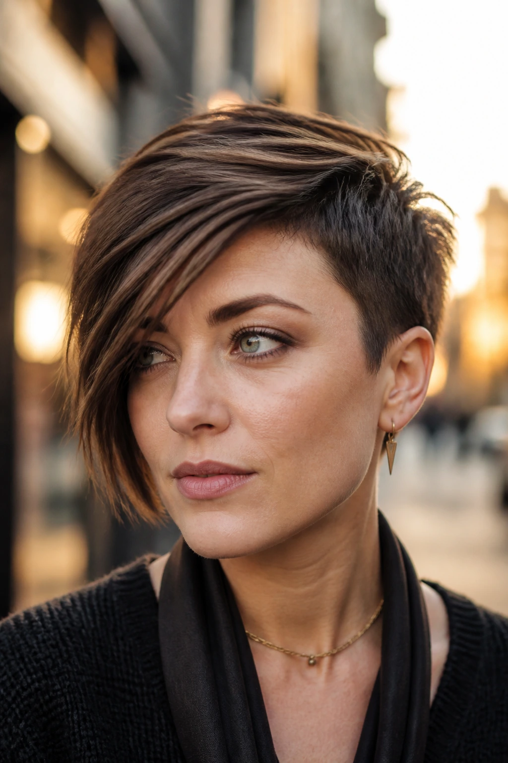 Close-up of a real person with asymmetrical crop and long side-swept fringe in an urban street setting