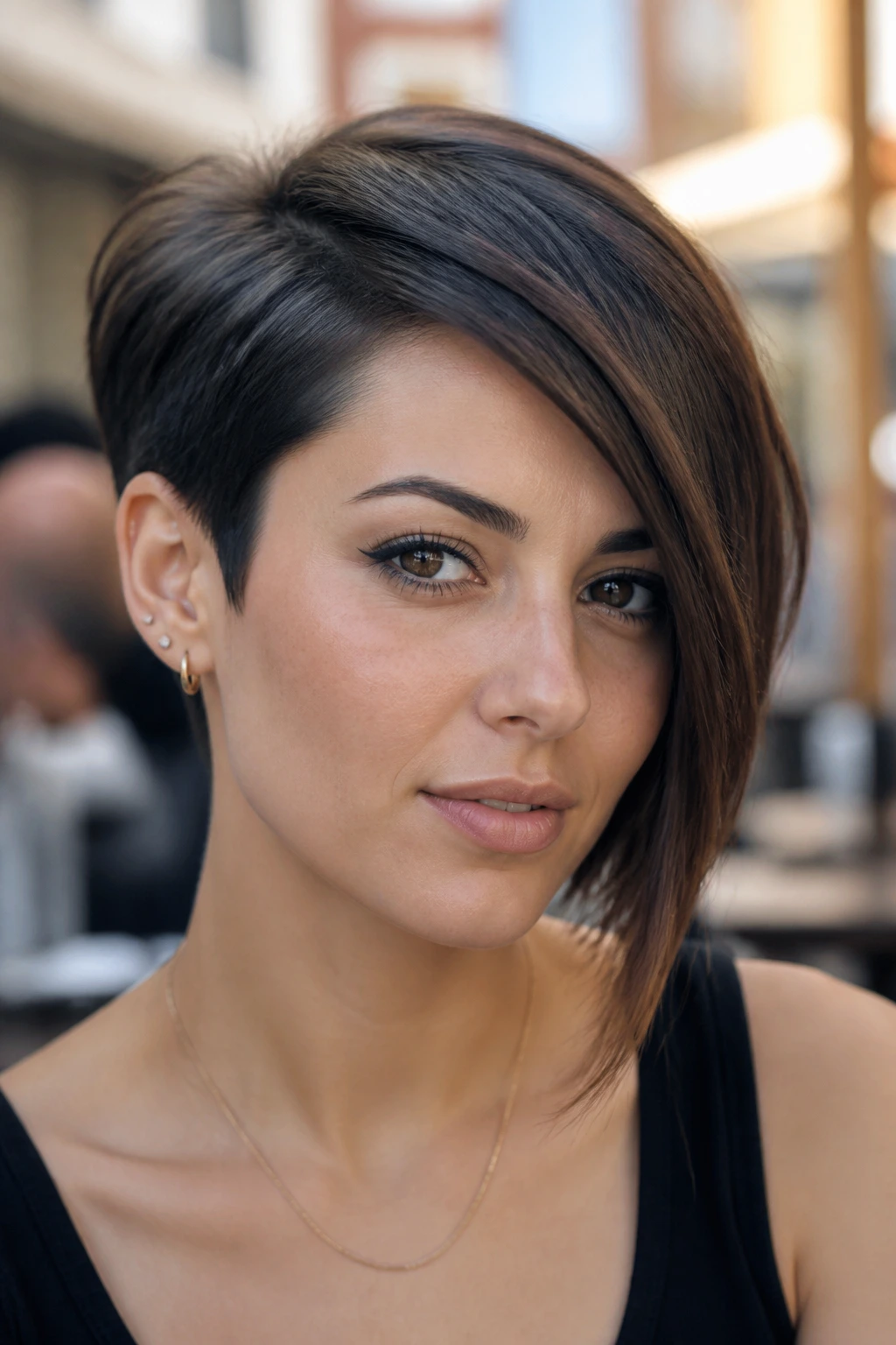 Real woman with asymmetrical crop showing longer side framing the face.