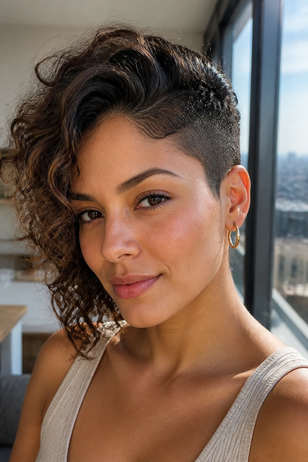 Close-up of a real woman with an asymmetrical crop hairstyle