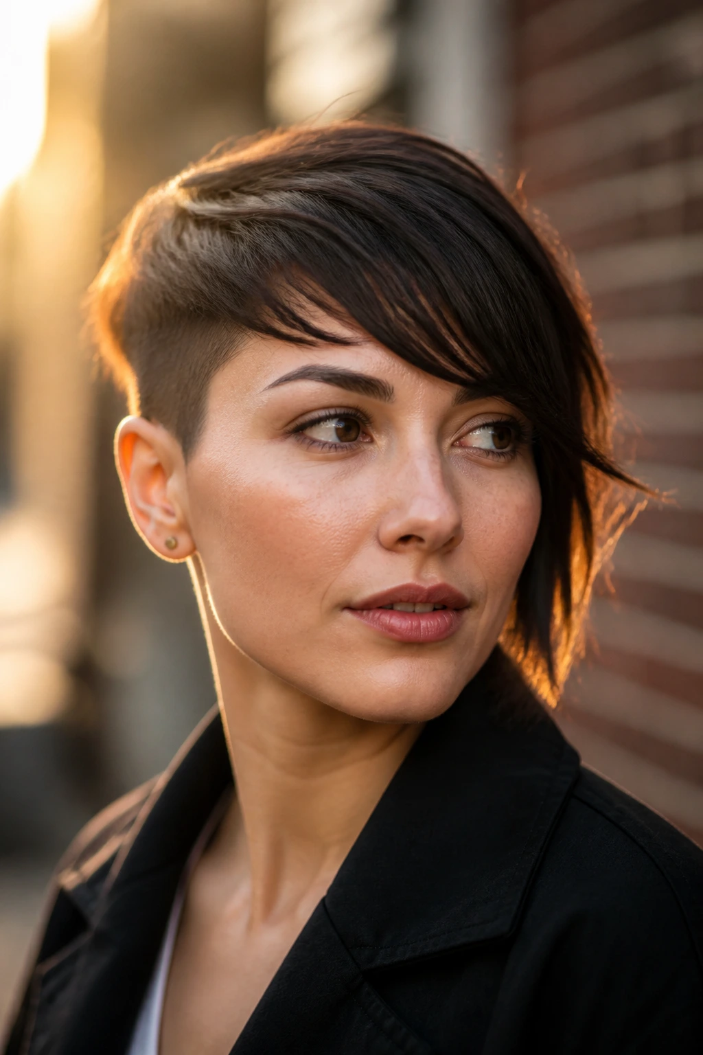 Portrait of a woman with an asymmetrical crop and side-swept bangs on a city street