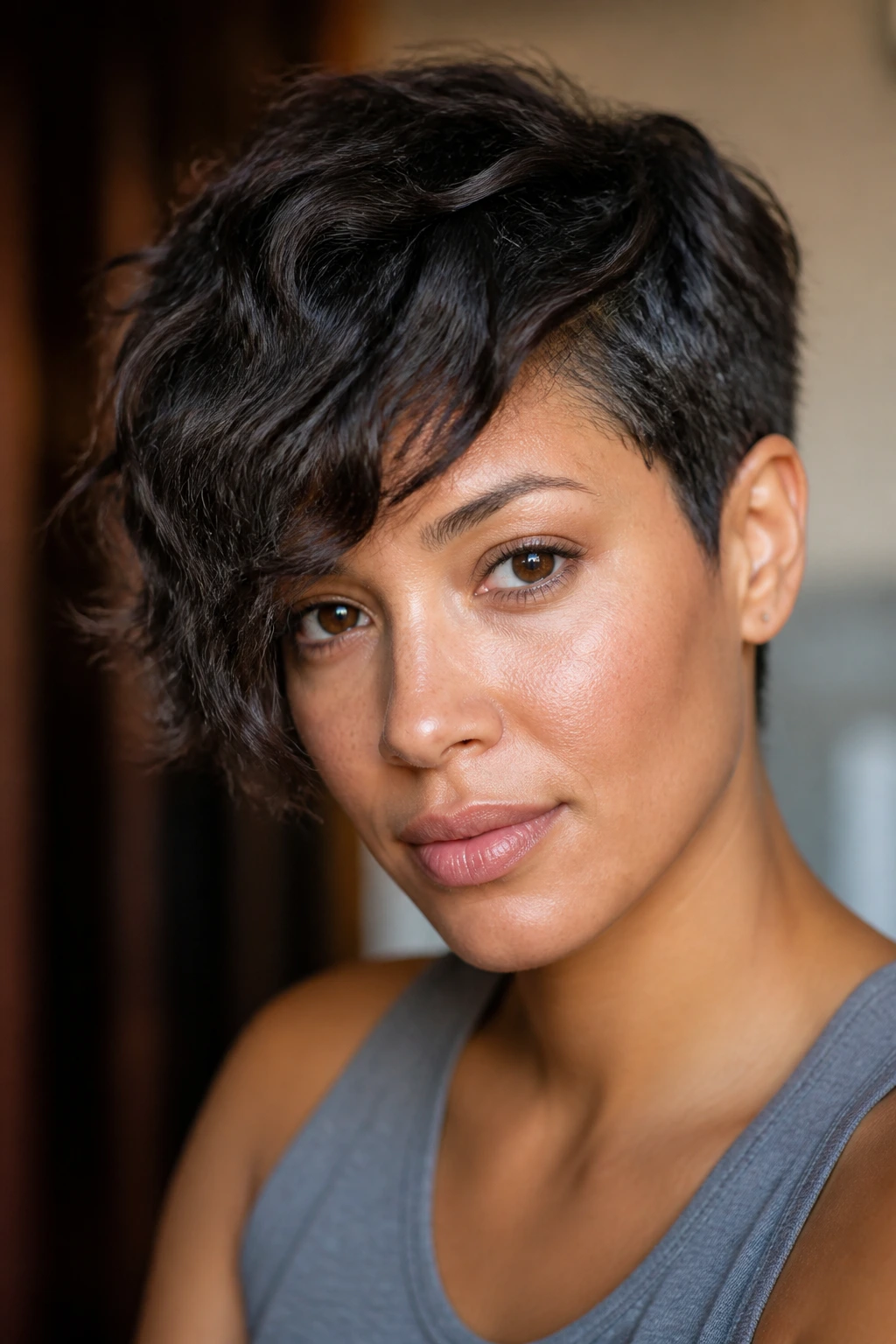 Close-up of a person with asymmetrical textured crop.