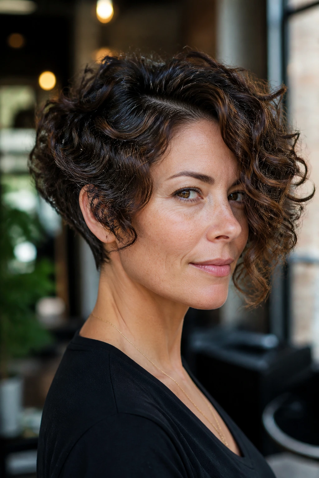 Close-up of a real woman with an asymmetrical curly stack hairstyle in a salon setting