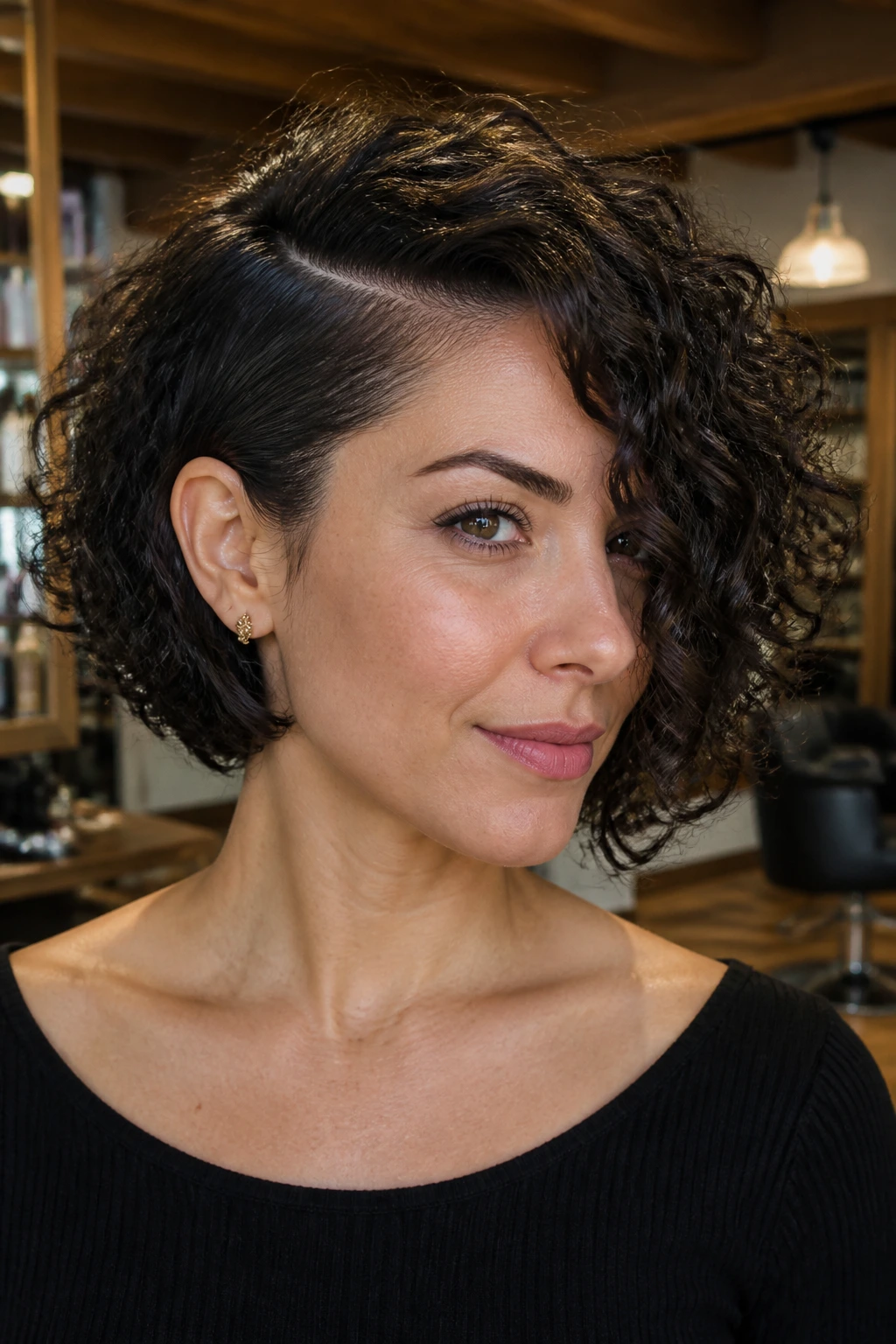 Close-up portrait of a real woman with asymmetrical deep-side part in a curly inverted bob