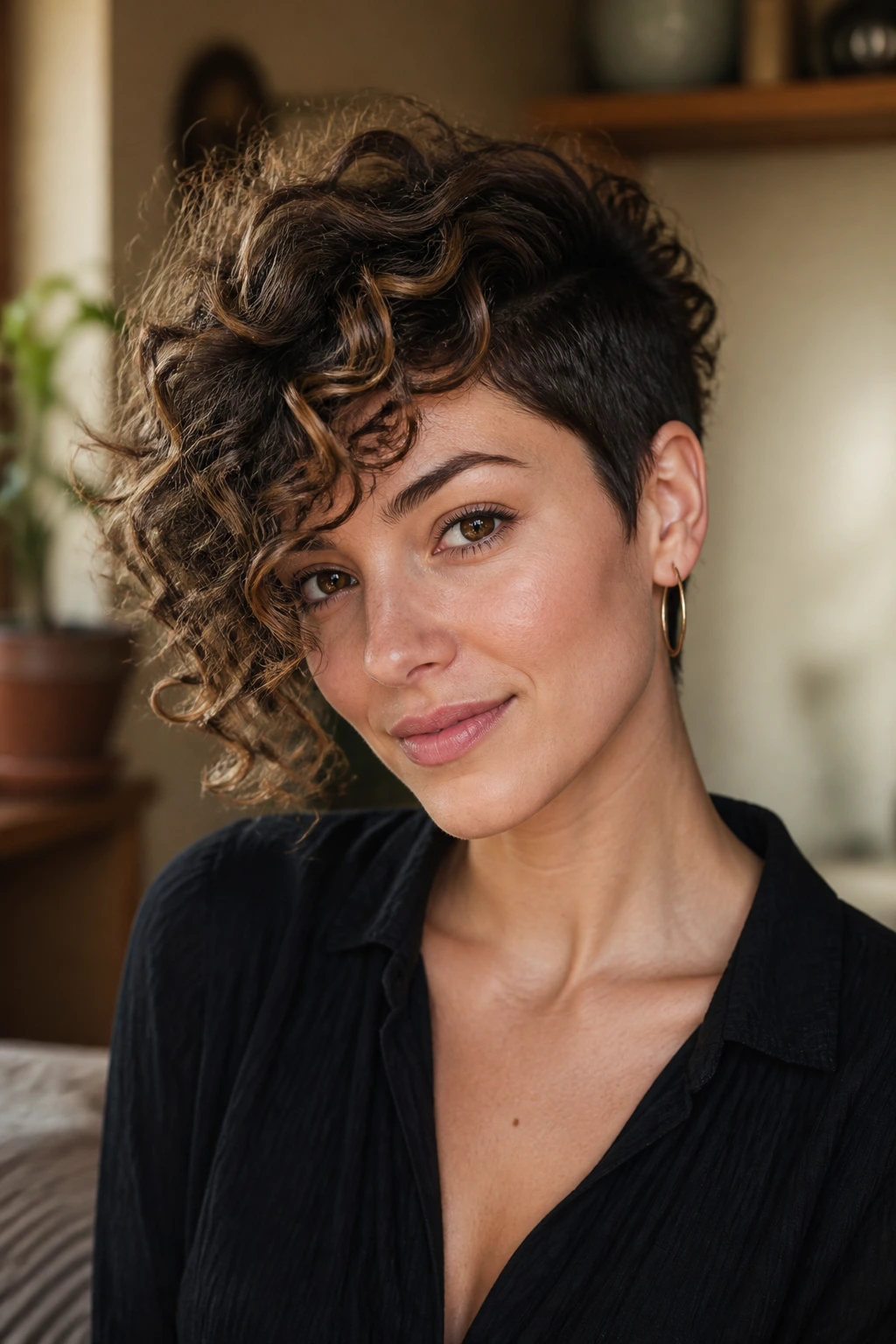 Portrait of a real person with asymmetrical side-swept ringlets.