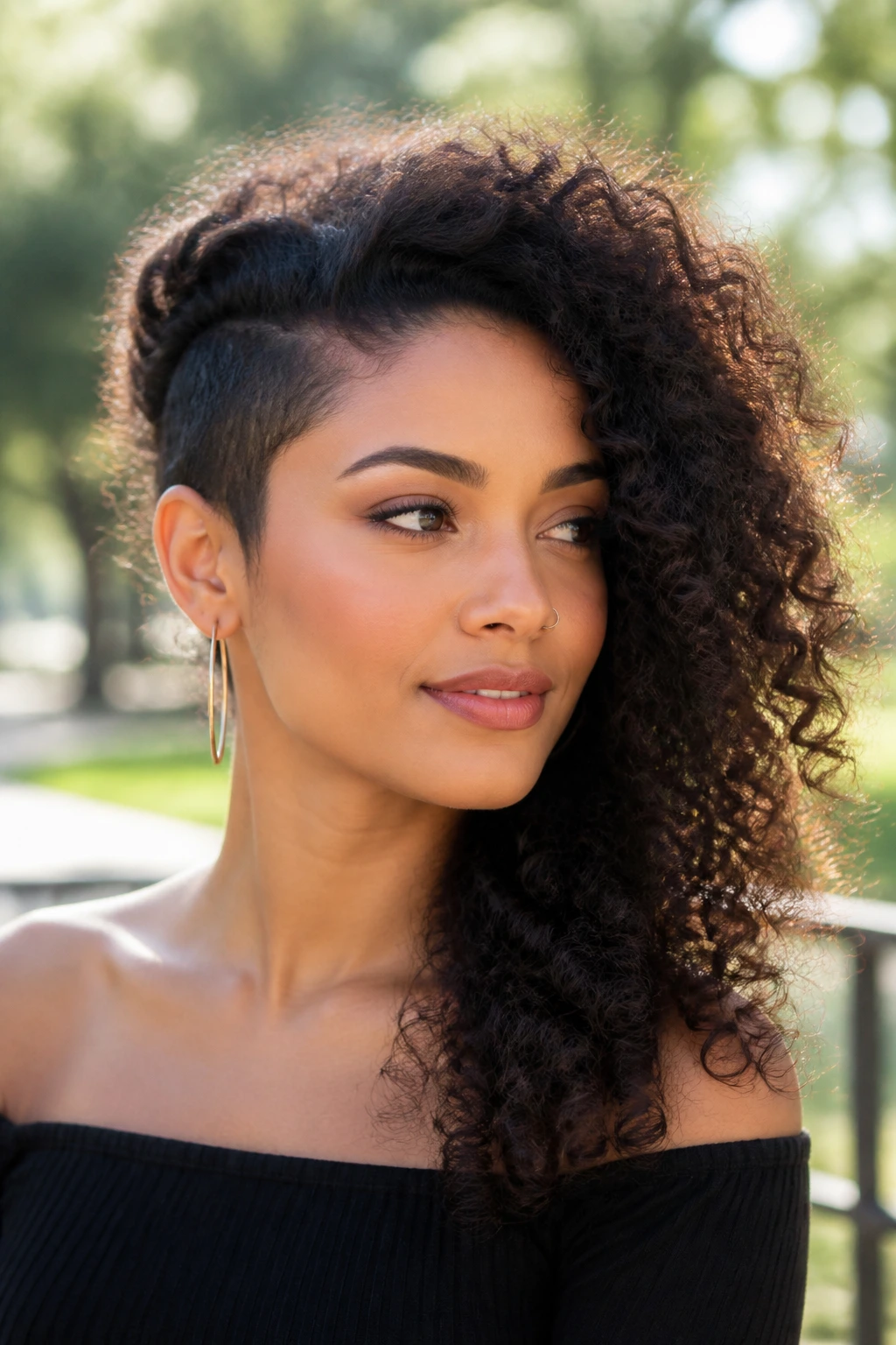 Portrait of a woman with high-volume asymmetrical curls against a sunlit outdoor background.