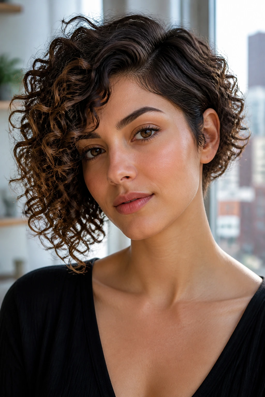 Close-up of a real person with an asymmetrical curly bob.