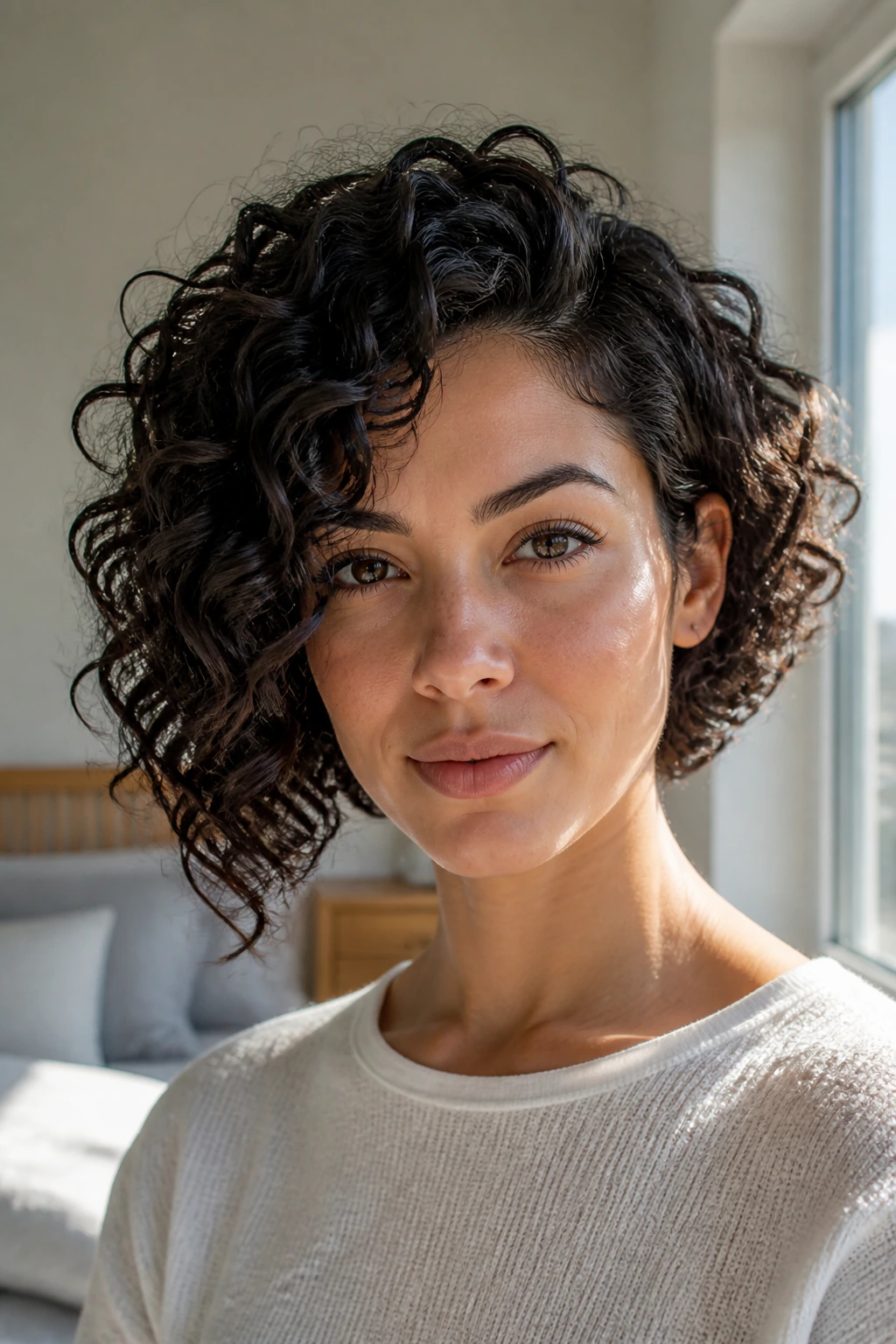 Portrait of a real woman with an asymmetrical curly bob.