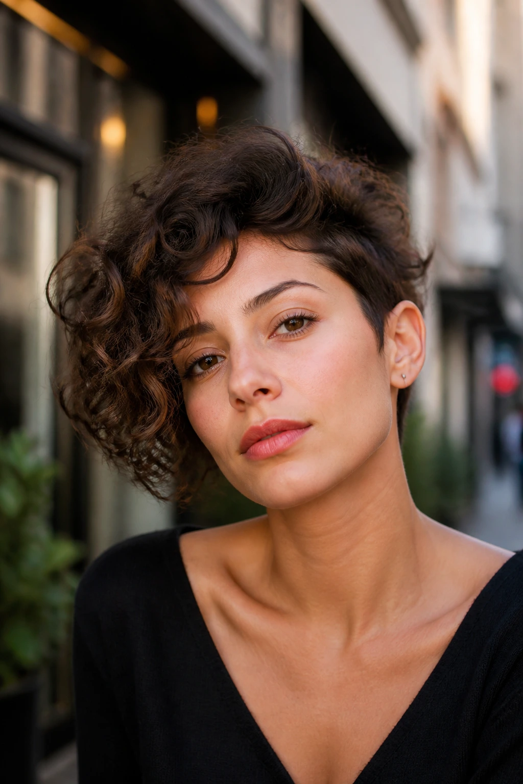 Close-up of a real person with asymmetrical curly pixie cut and lifted longer side