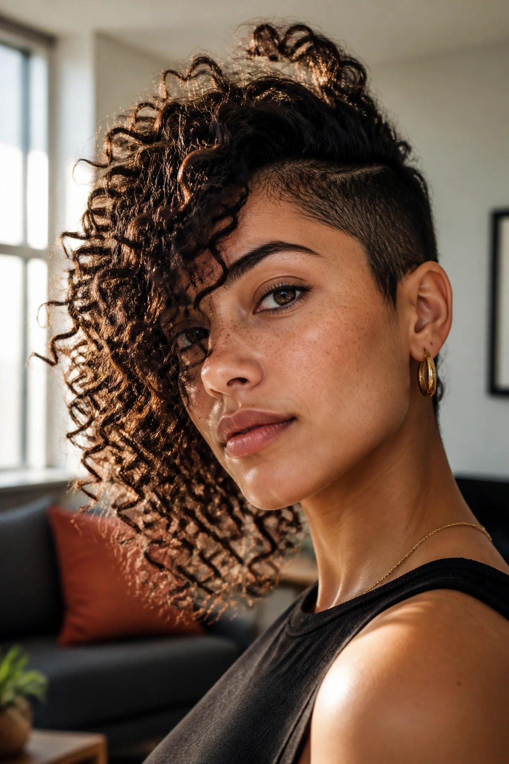 Close-up of a real person with an asymmetrical curly cut