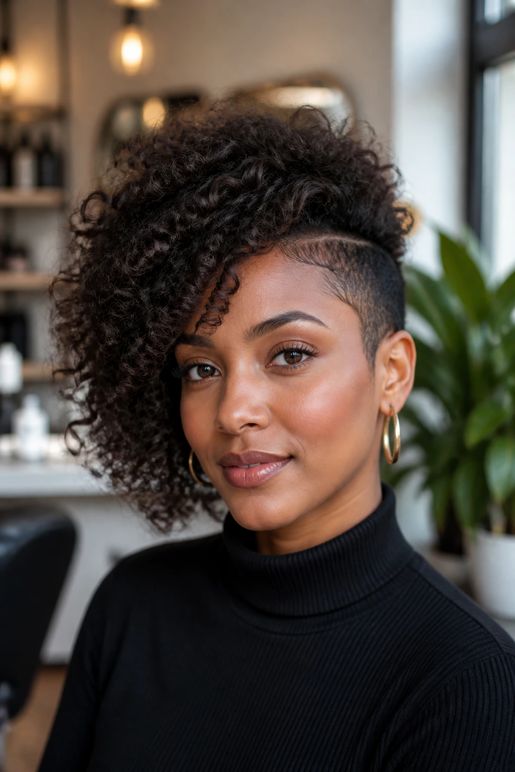 Close-up of real person with asymmetrical curly cut