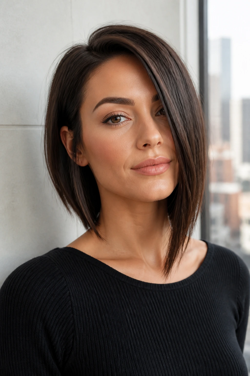 Close-up of a woman with an asymmetrical bob.