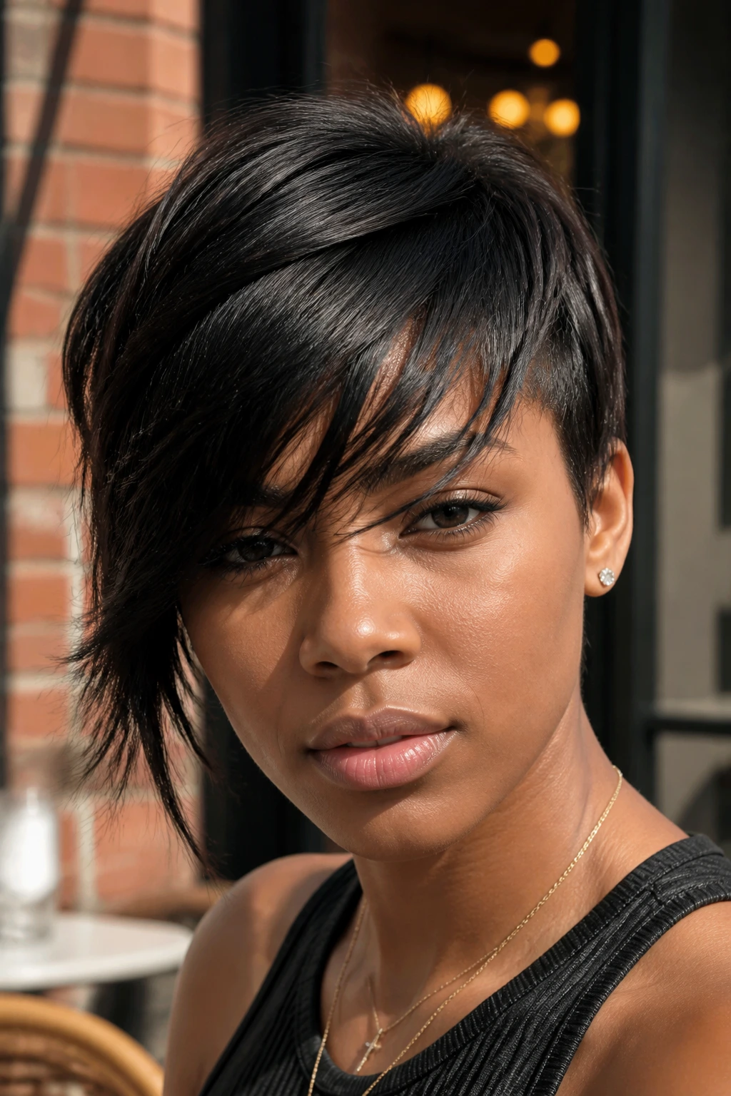 Portrait of a person with feathery asymmetrical bangs outdoors at a cafe